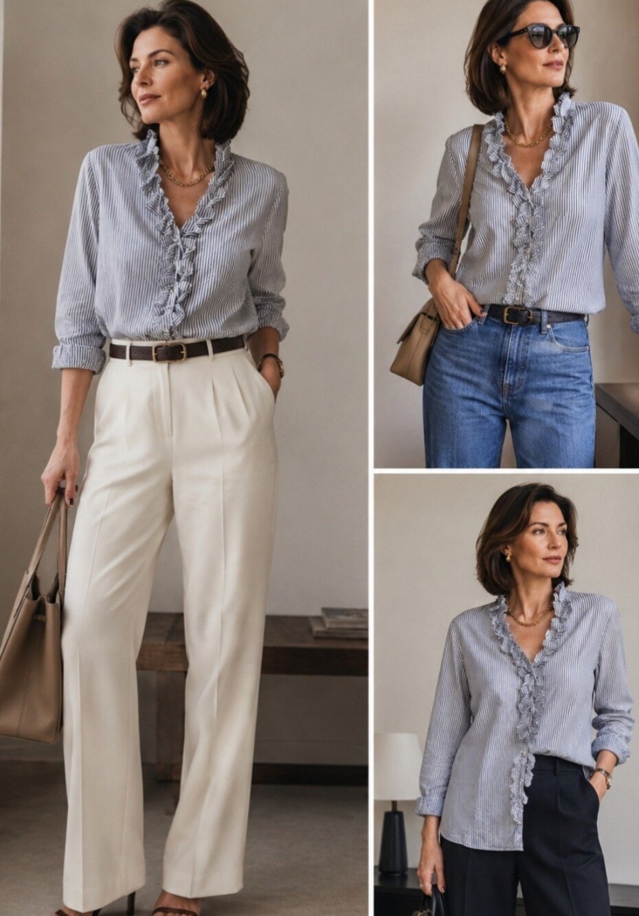 Worthington Gray & White  Cotton Striped Ruffle Button-Down Blouse Shirt XL